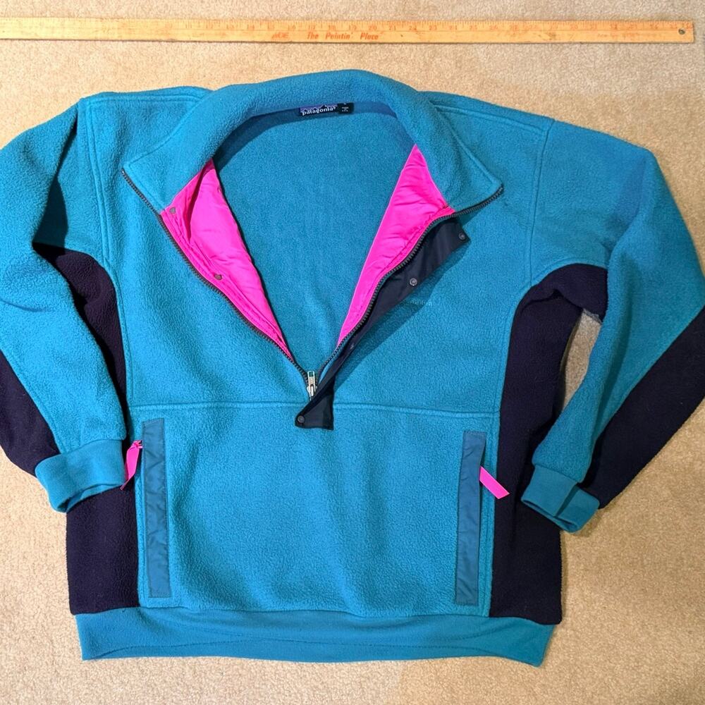 Vintage 90s Patagonia Synchilla Fleece Snap-TPullover Teal/Pink Made in USA SZ L